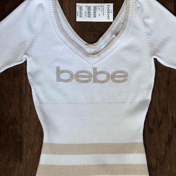 NWT Bebe White and Gold Rhinestone 3/4 sleeve V-Neck Knit Top Fitted Sweater S M - Picture 4 of 15
